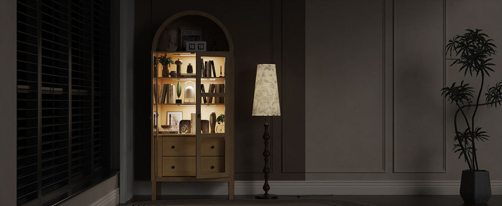 Modern Arched Cabinet with Glass Doors,72' Tall Auto Sensor Light Farmhouse Arch Storage Cabinet with Height Adjustable Shelf and 2 Drawers Display Bookshelf in Original Oak Wood Grain Bookshelf