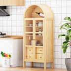 Modern Arched Cabinet with Glass Doors,72' Tall Auto Sensor Light Farmhouse Arch Storage Cabinet with Height Adjustable Shelf and 2 Drawers Display Bookshelf in Original Oak Wood Grain Bookshelf
