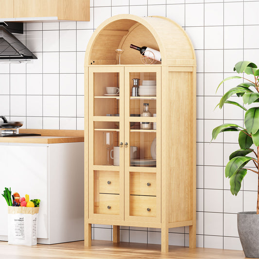 Modern Arched Cabinet with Glass Doors,72' Tall Auto Sensor Light Farmhouse Arch Storage Cabinet with Height Adjustable Shelf and 2 Drawers Display Bookshelf in Original Oak Wood Grain Bookshelf