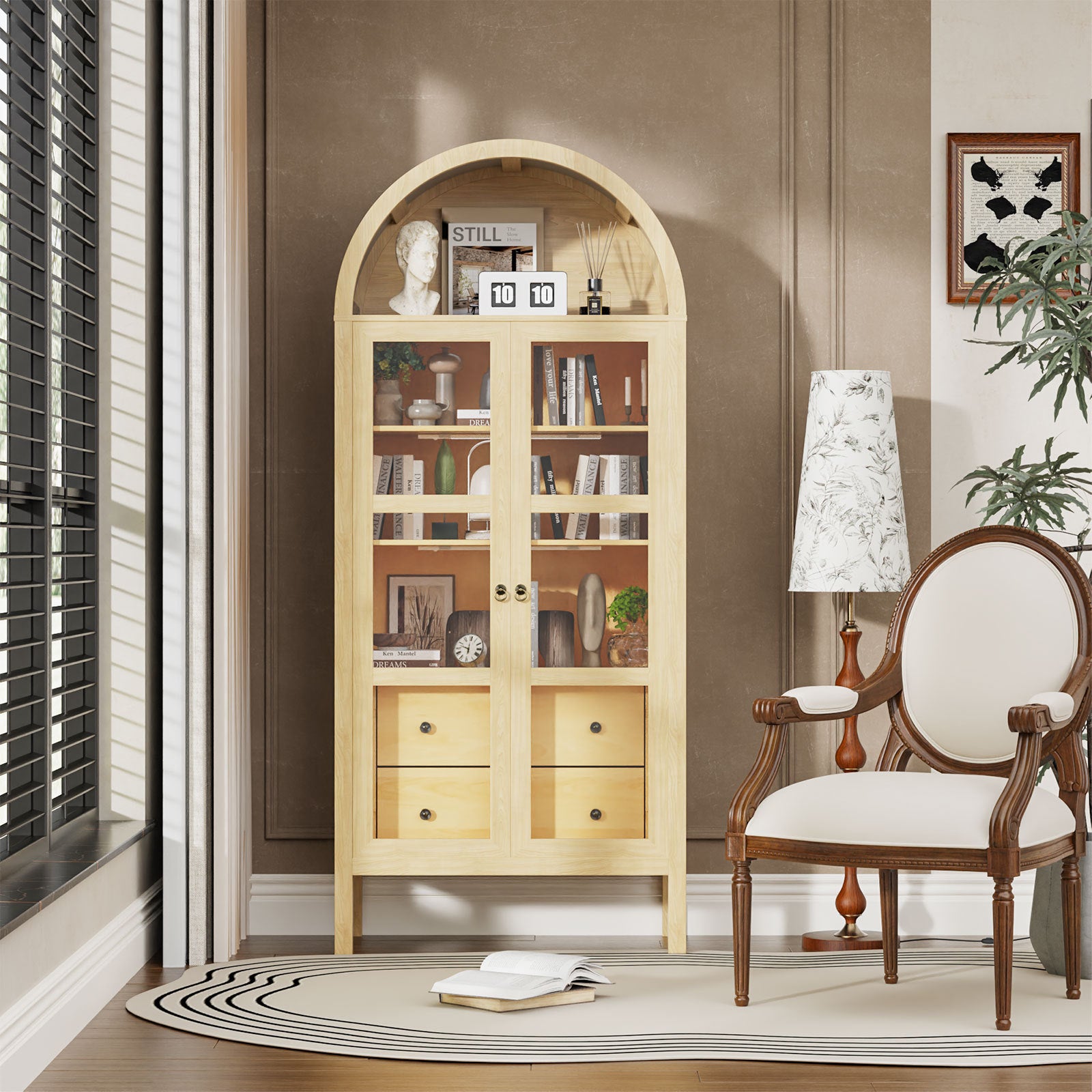 Modern Arched Cabinet with Glass Doors,72' Tall Auto Sensor Light Farmhouse Arch Storage Cabinet with Height Adjustable Shelf and 2 Drawers Display Bookshelf in Original Oak Wood Grain Bookshelf