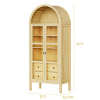 Modern Arched Cabinet with Glass Doors,72' Tall Auto Sensor Light Farmhouse Arch Storage Cabinet with Height Adjustable Shelf and 2 Drawers Display Bookshelf in Original Oak Wood Grain Bookshelf
