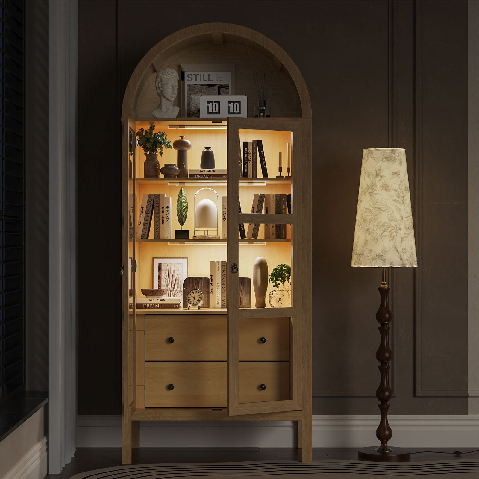 Modern Arched Cabinet with Glass Doors,72' Tall Auto Sensor Light Farmhouse Arch Storage Cabinet with Height Adjustable Shelf and 2 Drawers Display Bookshelf in Original Oak Wood Grain Bookshelf