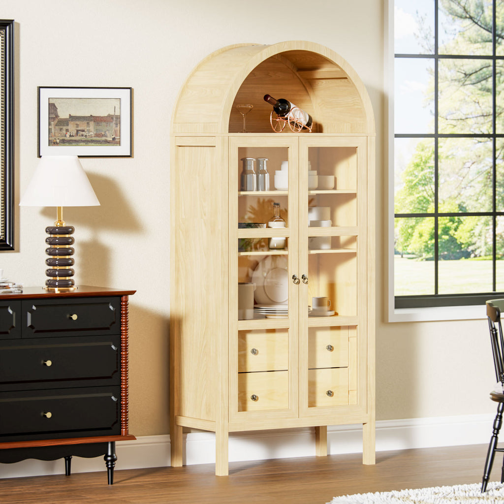 Modern Arched Cabinet with Glass Doors,72' Tall Auto Sensor Light Farmhouse Arch Storage Cabinet with Height Adjustable Shelf and 2 Drawers Display Bookshelf in Original Oak Wood Grain Bookshelf
