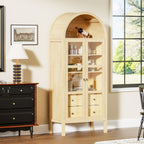 Modern Arched Cabinet with Glass Doors,72' Tall Auto Sensor Light Farmhouse Arch Storage Cabinet with Height Adjustable Shelf and 2 Drawers Display Bookshelf in Original Oak Wood Grain Bookshelf