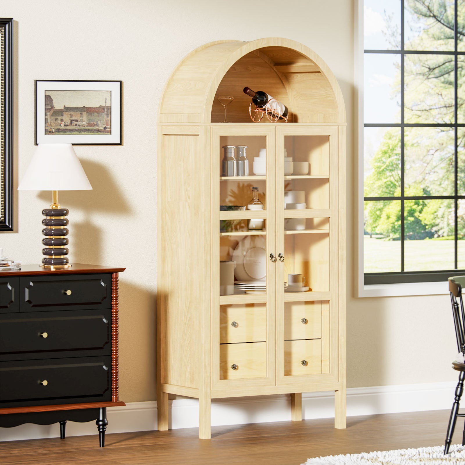 Modern Arched Cabinet with Glass Doors,72' Tall Auto Sensor Light Farmhouse Arch Storage Cabinet with Height Adjustable Shelf and 2 Drawers Display Bookshelf in Original Oak Wood Grain Bookshelf