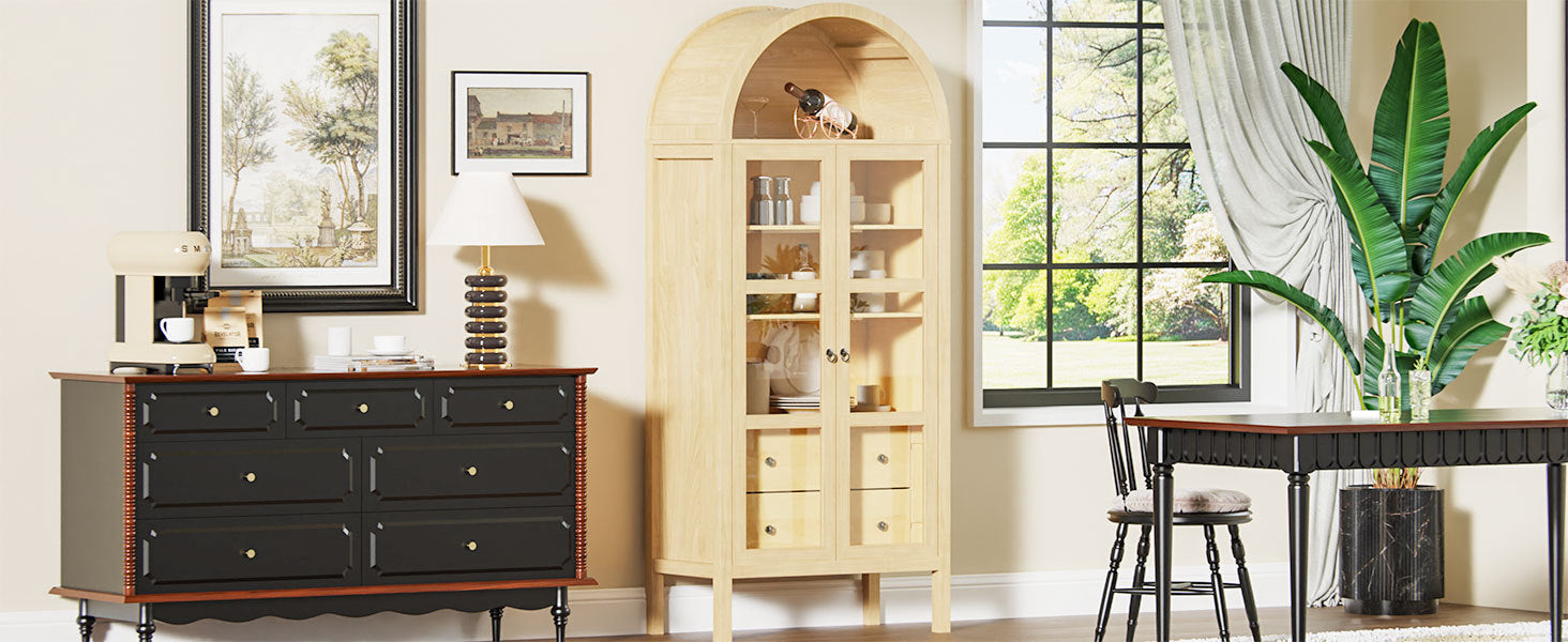 Modern Arched Cabinet with Glass Doors,72' Tall Auto Sensor Light Farmhouse Arch Storage Cabinet with Height Adjustable Shelf and 2 Drawers Display Bookshelf in Original Oak Wood Grain Bookshelf