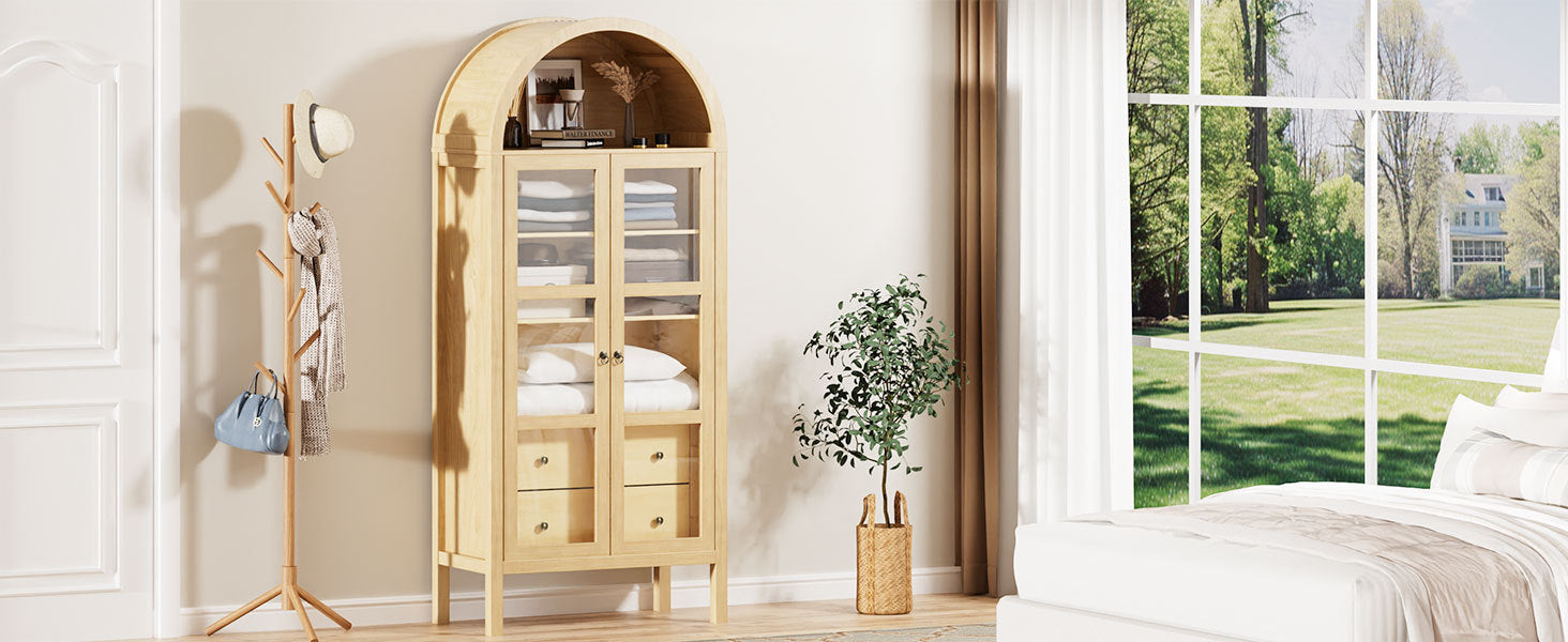 Modern Arched Cabinet with Glass Doors,72' Tall Auto Sensor Light Farmhouse Arch Storage Cabinet with Height Adjustable Shelf and 2 Drawers Display Bookshelf in Original Oak Wood Grain Bookshelf