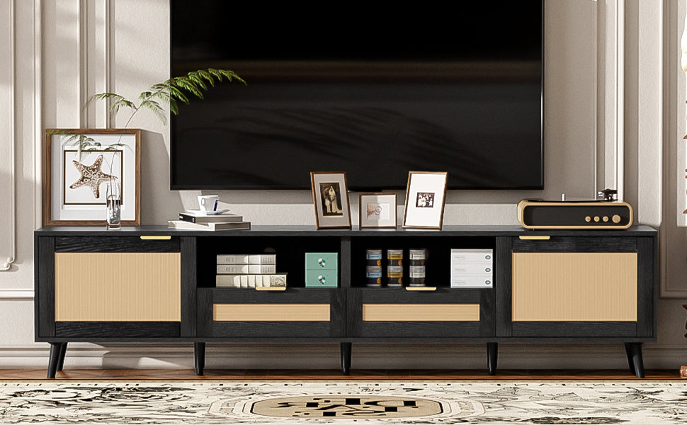 Rattan TV Stand for TVs up to 85'', Modern Farmhouse Media Console, Entertainment Center with Solid Wood Legs, TV Cabinet for Living Room,Home Theatre
