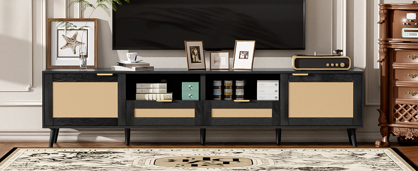Rattan TV Stand for TVs up to 85'', Modern Farmhouse Media Console, Entertainment Center with Solid Wood Legs, TV Cabinet for Living Room,Home Theatre