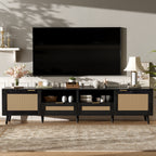 Rattan TV Stand for TVs up to 85'', Modern Farmhouse Media Console, Entertainment Center with Solid Wood Legs, TV Cabinet for Living Room,Home Theatre