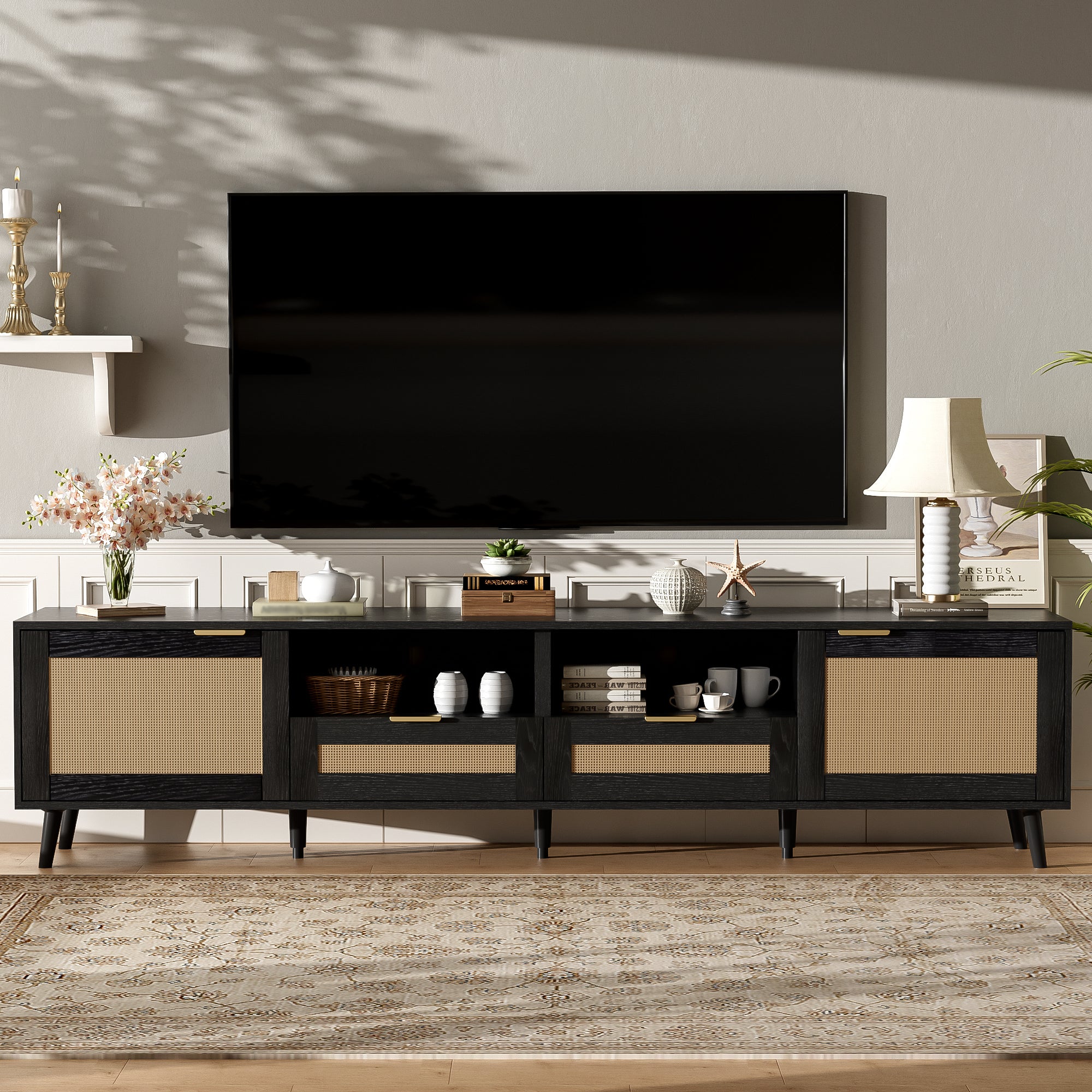Rattan TV Stand for TVs up to 85'', Modern Farmhouse Media Console, Entertainment Center with Solid Wood Legs, TV Cabinet for Living Room,Home Theatre