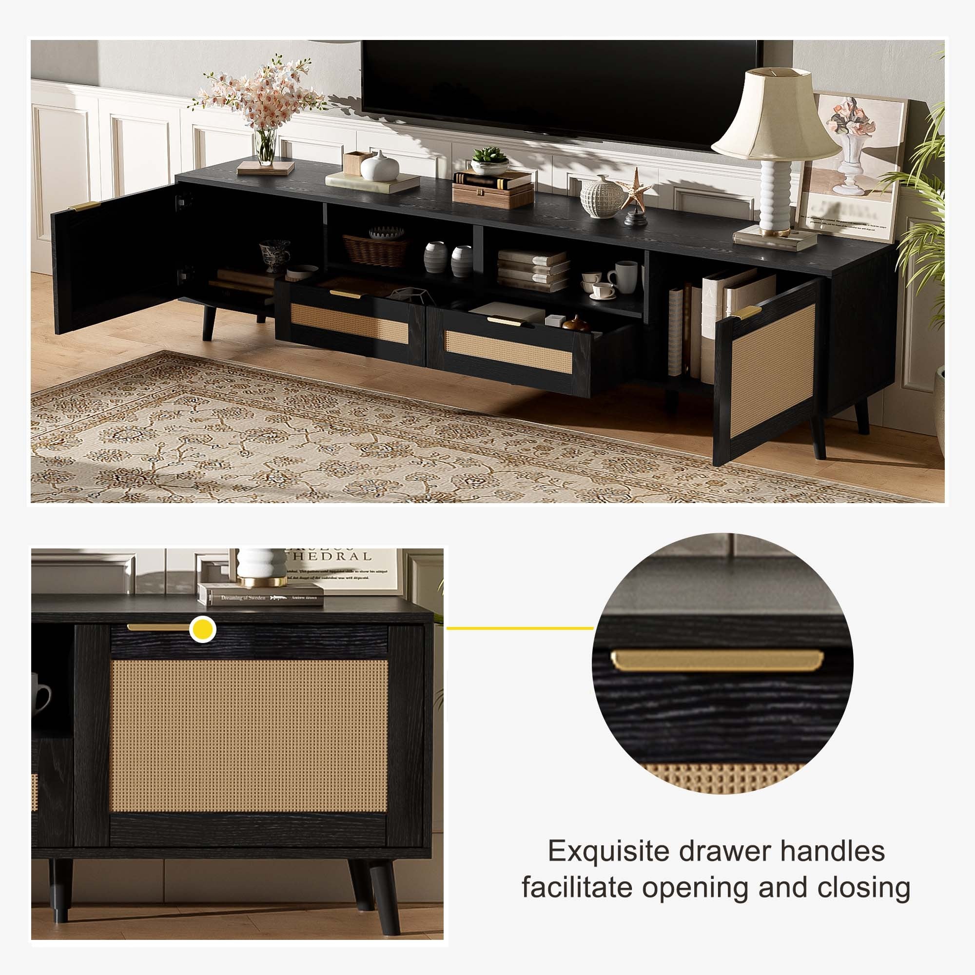 Rattan TV Stand for TVs up to 85'', Modern Farmhouse Media Console, Entertainment Center with Solid Wood Legs, TV Cabinet for Living Room,Home Theatre