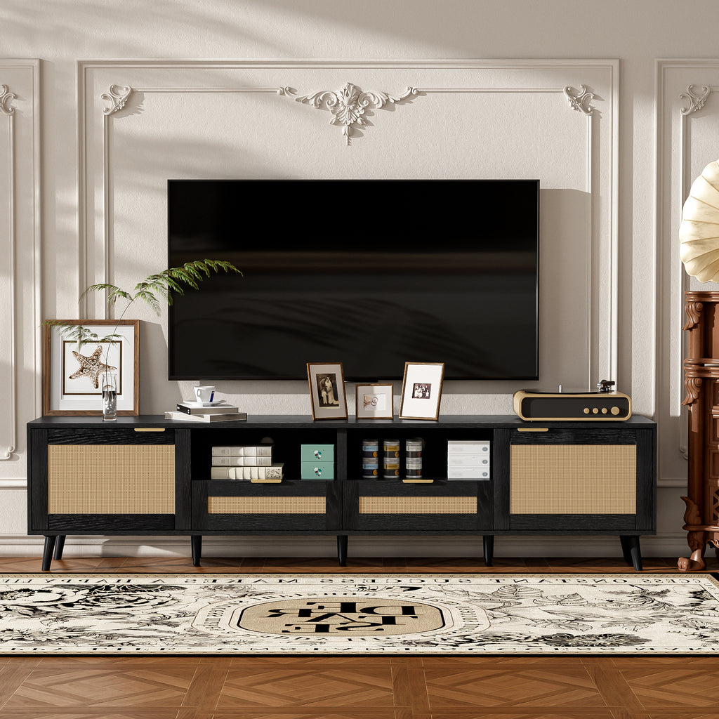 Rattan TV Stand for TVs up to 85'', Modern Farmhouse Media Console, Entertainment Center with Solid Wood Legs, TV Cabinet for Living Room,Home Theatre