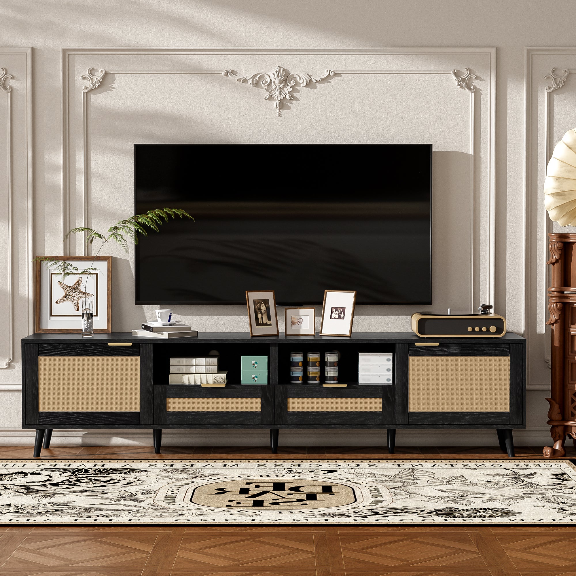 Rattan TV Stand for TVs up to 85'', Modern Farmhouse Media Console, Entertainment Center with Solid Wood Legs, TV Cabinet for Living Room,Home Theatre