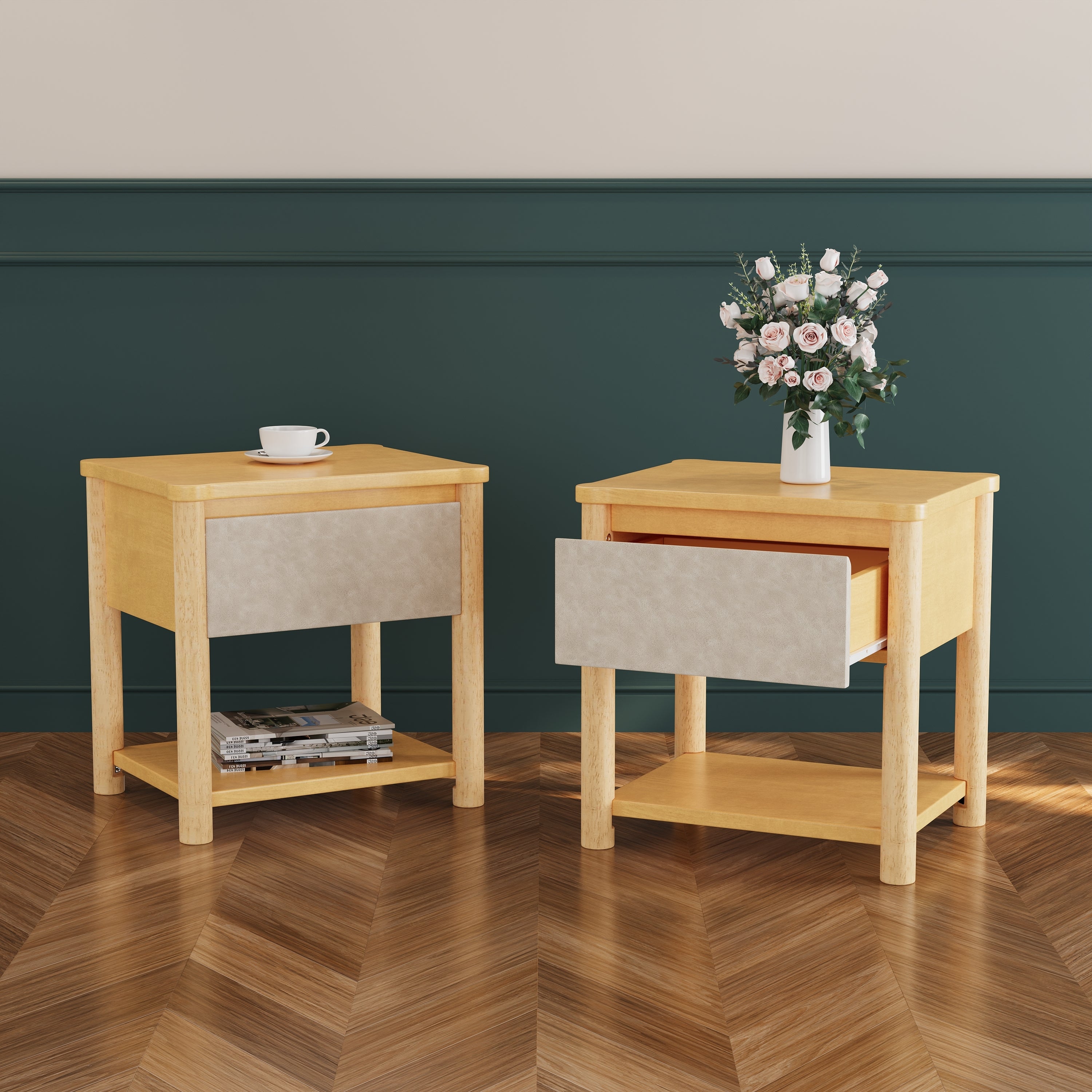 Wood Nightstand,Modern Nightstands with Drawer, Farmhouse Bedside Table for Bedroom Living Room ,MP2(set of 2) Natural&Beige Color Nightstands