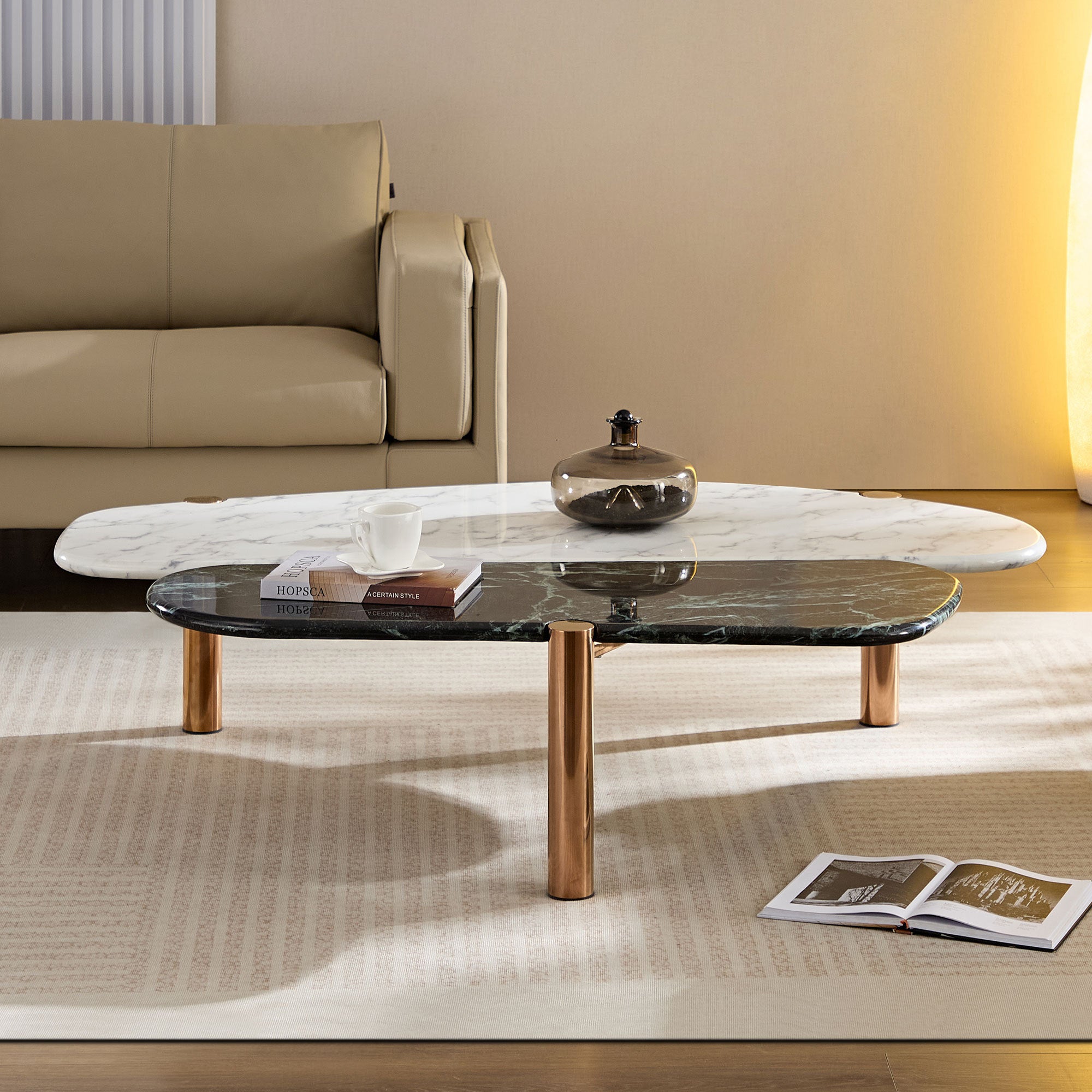 Faux Marble Coffee Tables Accent Tea Tables with Gold Metal Foot for Living Room Home Office