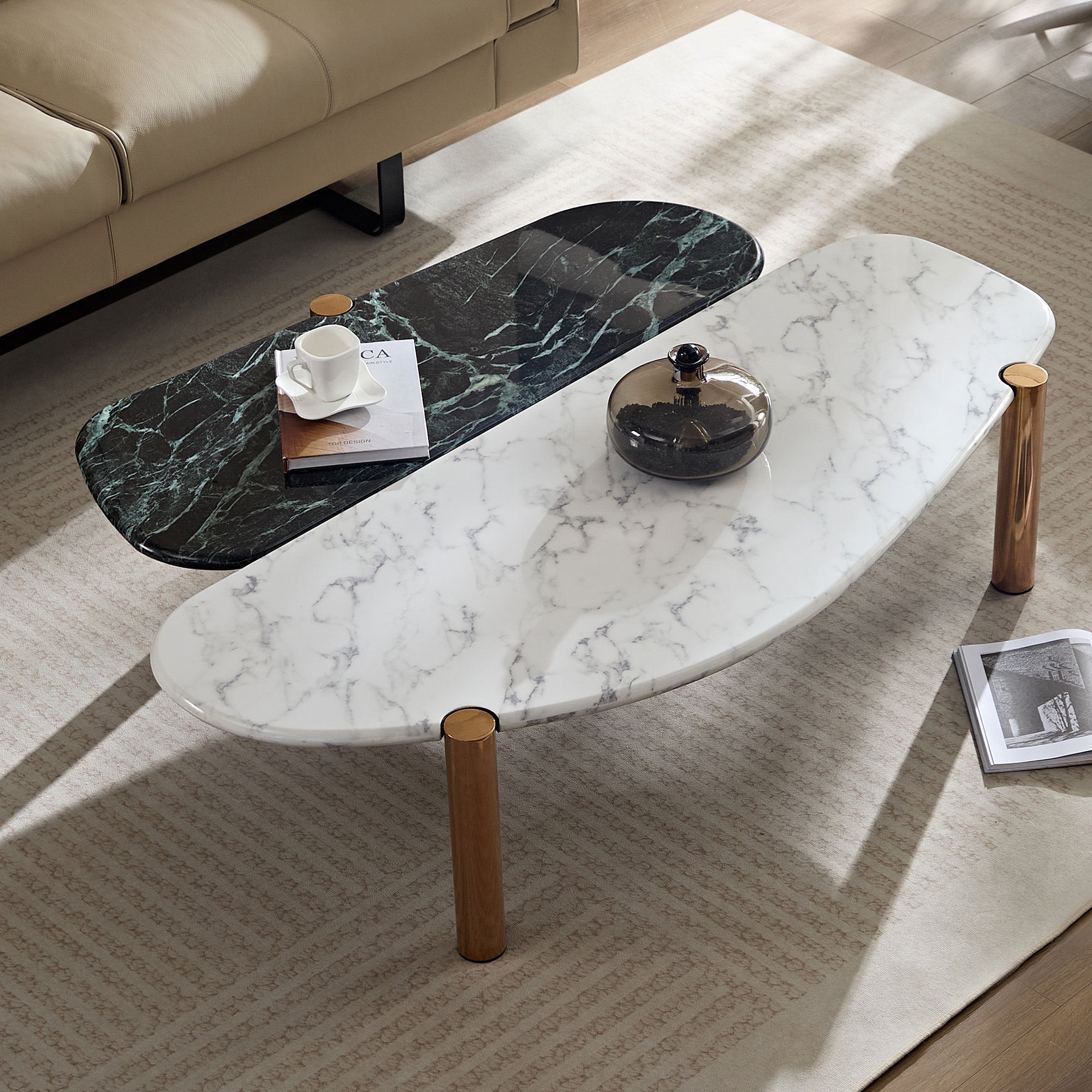 Faux Marble Coffee Tables Accent Tea Tables with Gold Metal Foot for Living Room Home Office