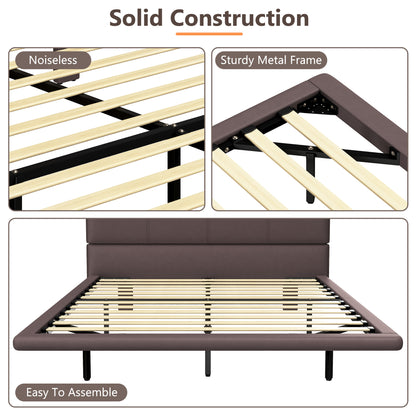 Floating Bed Frame with LED Light, Modern PU Leather Platform Bed, No Boxing Spring Needed, Assemble Easily, Queen Size Bed Frame