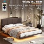 Floating Bed Frame with LED Light, Modern PU Leather Platform Bed, No Boxing Spring Needed, Assemble Easily, Queen Size Bed Frame