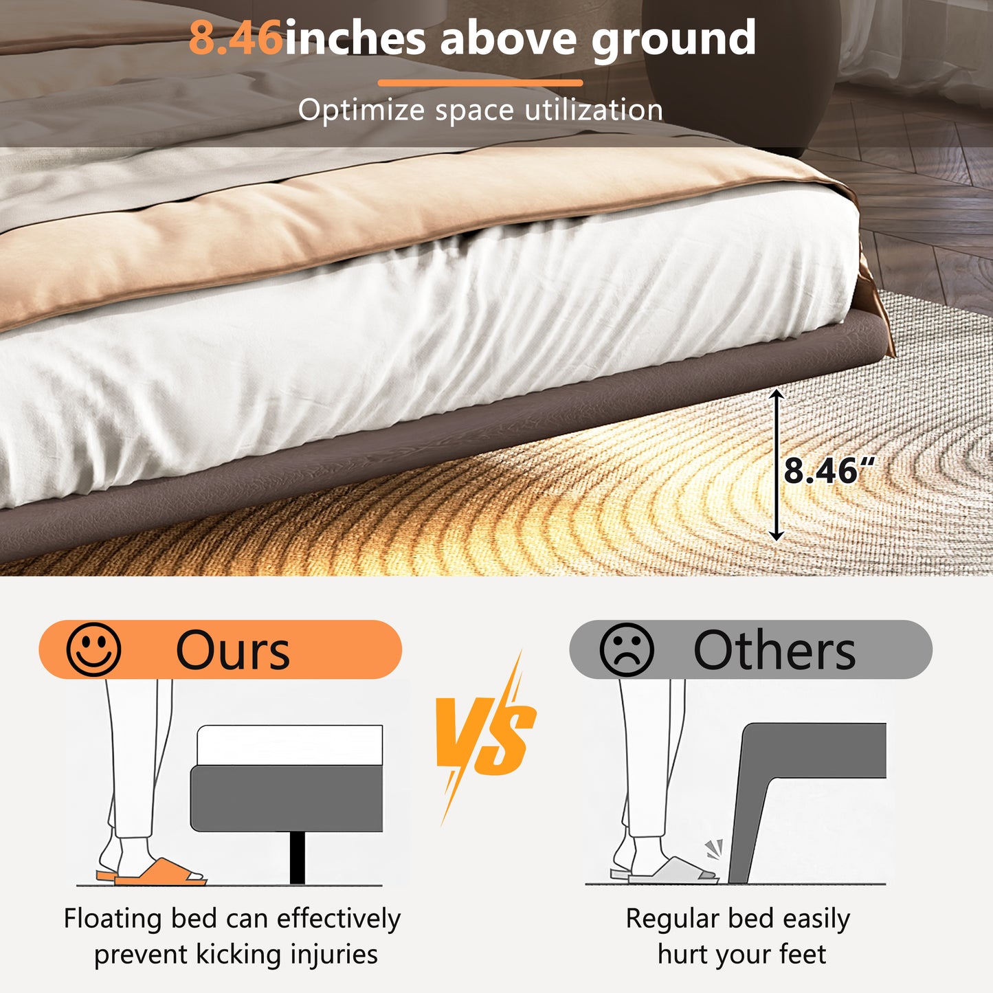 Floating Bed Frame with LED Light, Modern PU Leather Platform Bed, No Boxing Spring Needed, Assemble Easily, Queen Size Bed Frame