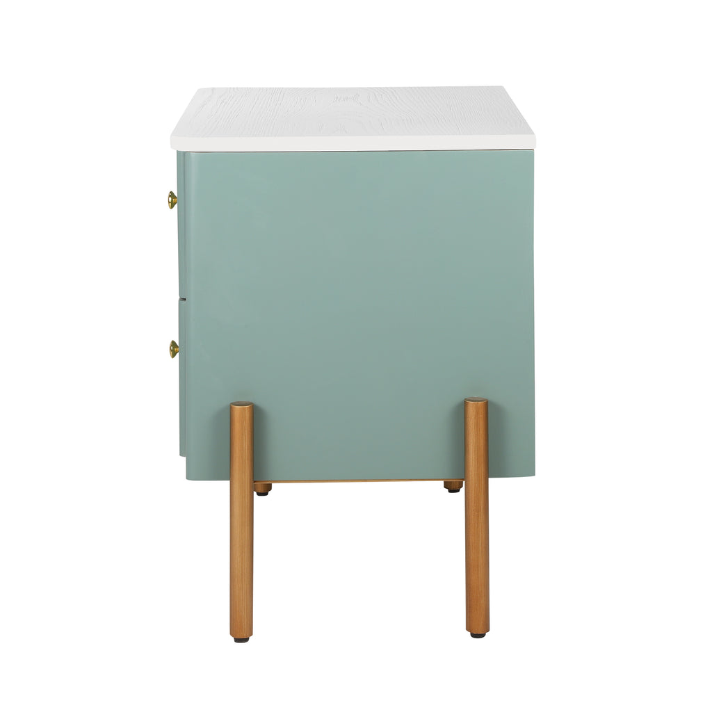 Modern Nightstand with 2 Storage Drawer, Fluted Bedside Table with Golden Metal Handles and Legs, End Table for Living Room and Bedroom, Easy Assembly, Green