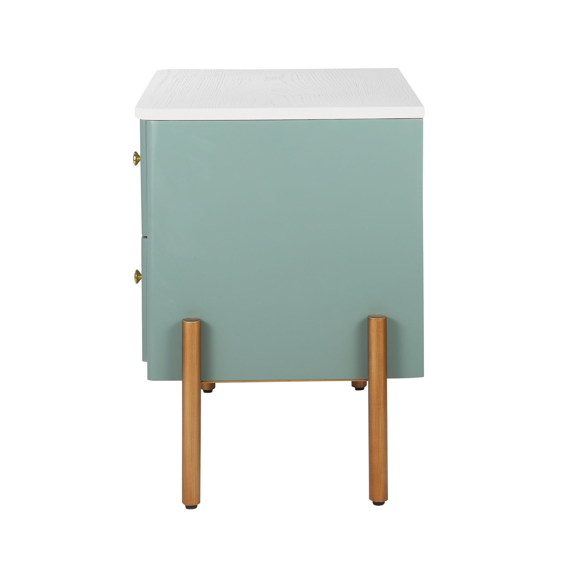Modern Nightstand with 2 Storage Drawer, Fluted Bedside Table with Golden Metal Handles and Legs, End Table for Living Room and Bedroom, Easy Assembly, Green