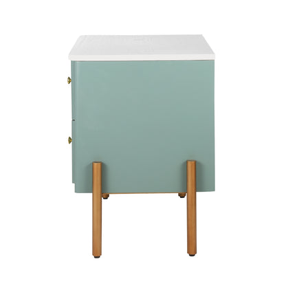 Modern Nightstand with 2 Storage Drawer, Fluted Bedside Table with Golden Metal Handles and Legs, End Table for Living Room and Bedroom, Easy Assembly, Green