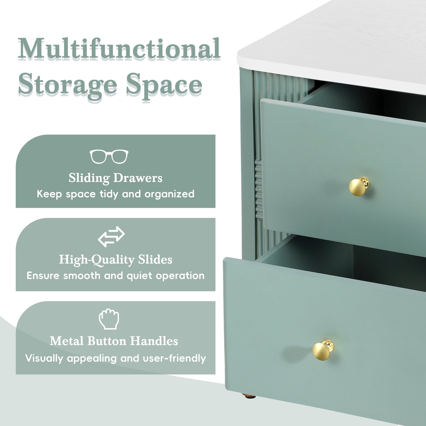 Modern Nightstand with 2 Storage Drawer, Fluted Bedside Table with Golden Metal Handles and Legs, End Table for Living Room and Bedroom, Easy Assembly, Green