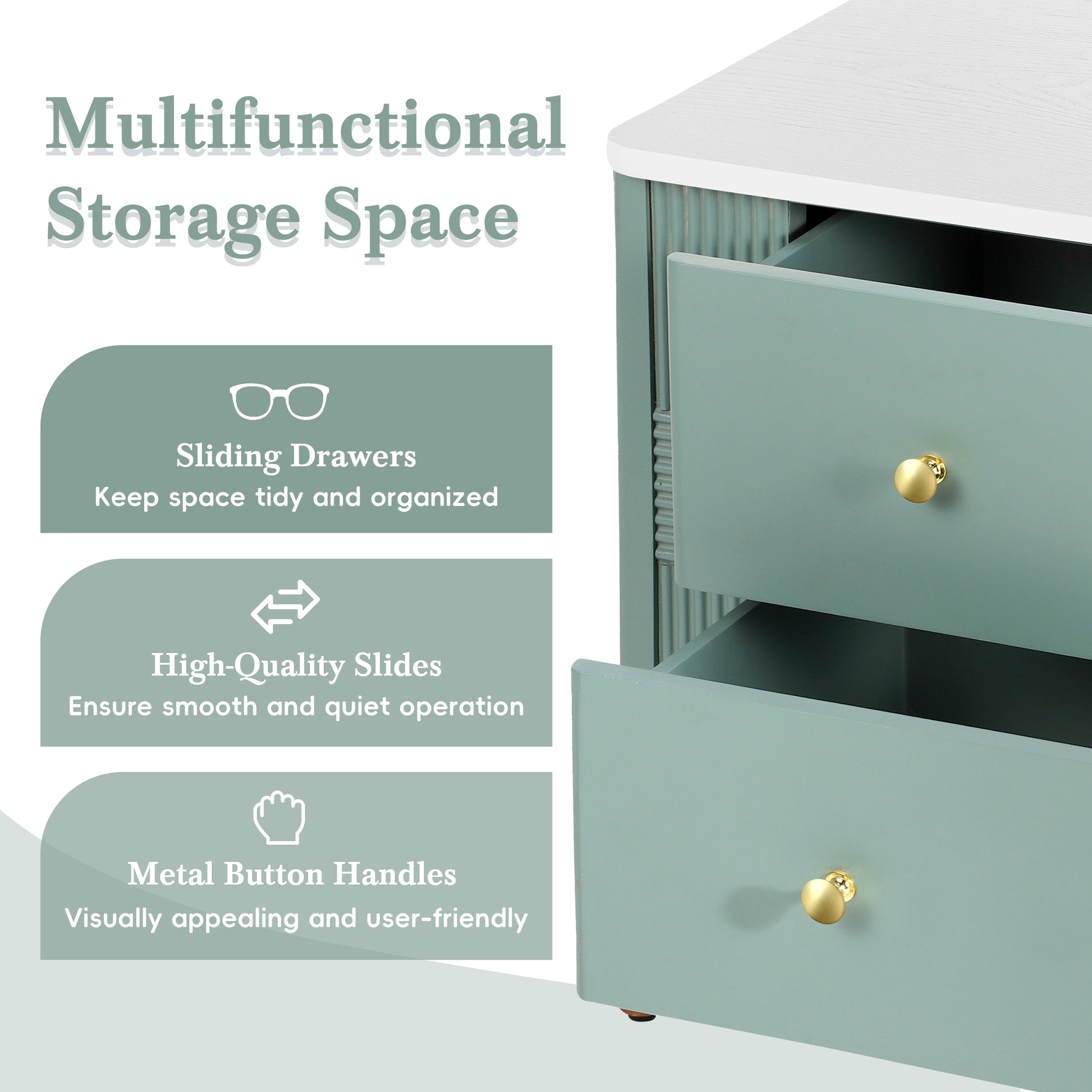 Modern Nightstand with 2 Storage Drawer, Fluted Bedside Table with Golden Metal Handles and Legs, End Table for Living Room and Bedroom, Easy Assembly, Green