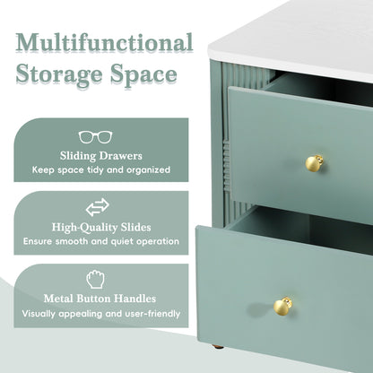 Modern Nightstand with 2 Storage Drawer, Fluted Bedside Table with Golden Metal Handles and Legs, End Table for Living Room and Bedroom, Easy Assembly, Green