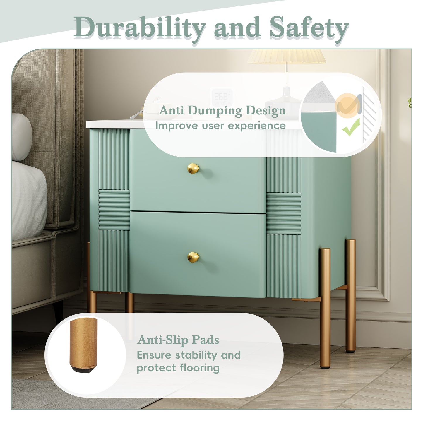 Modern Nightstand with 2 Storage Drawer, Fluted Bedside Table with Golden Metal Handles and Legs, End Table for Living Room and Bedroom, Easy Assembly, Green