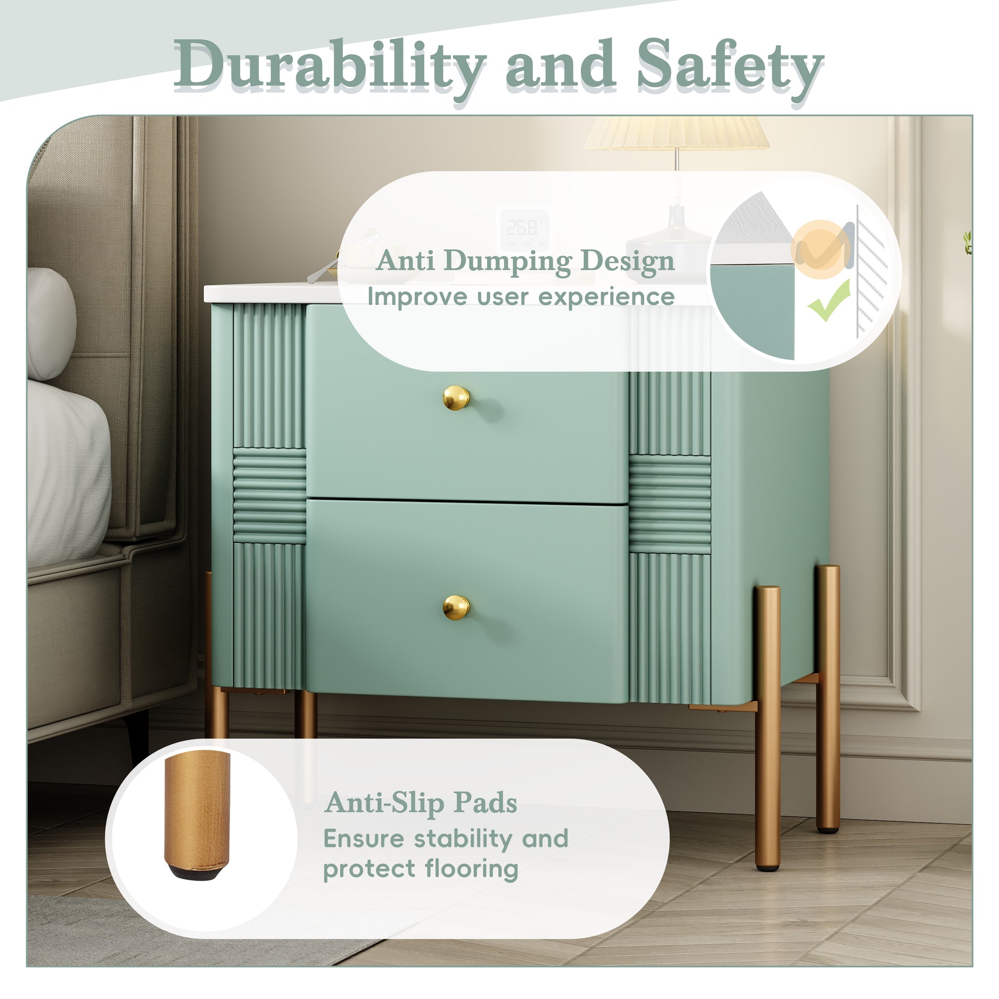 Modern Nightstand with 2 Storage Drawer, Fluted Bedside Table with Golden Metal Handles and Legs, End Table for Living Room and Bedroom, Easy Assembly, Green