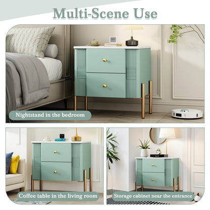 Modern Nightstand with 2 Storage Drawer, Fluted Bedside Table with Golden Metal Handles and Legs, End Table for Living Room and Bedroom, Easy Assembly, Green