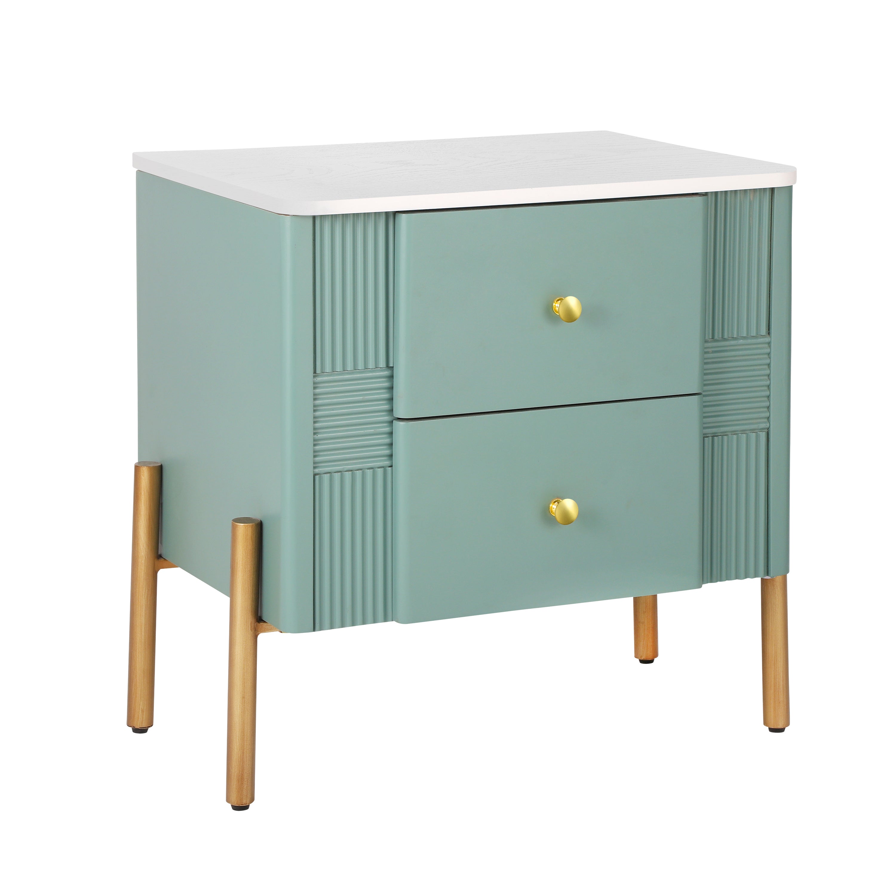 Modern Nightstand with 2 Storage Drawer, Fluted Bedside Table with Golden Metal Handles and Legs, End Table for Living Room and Bedroom, Easy Assembly, Green