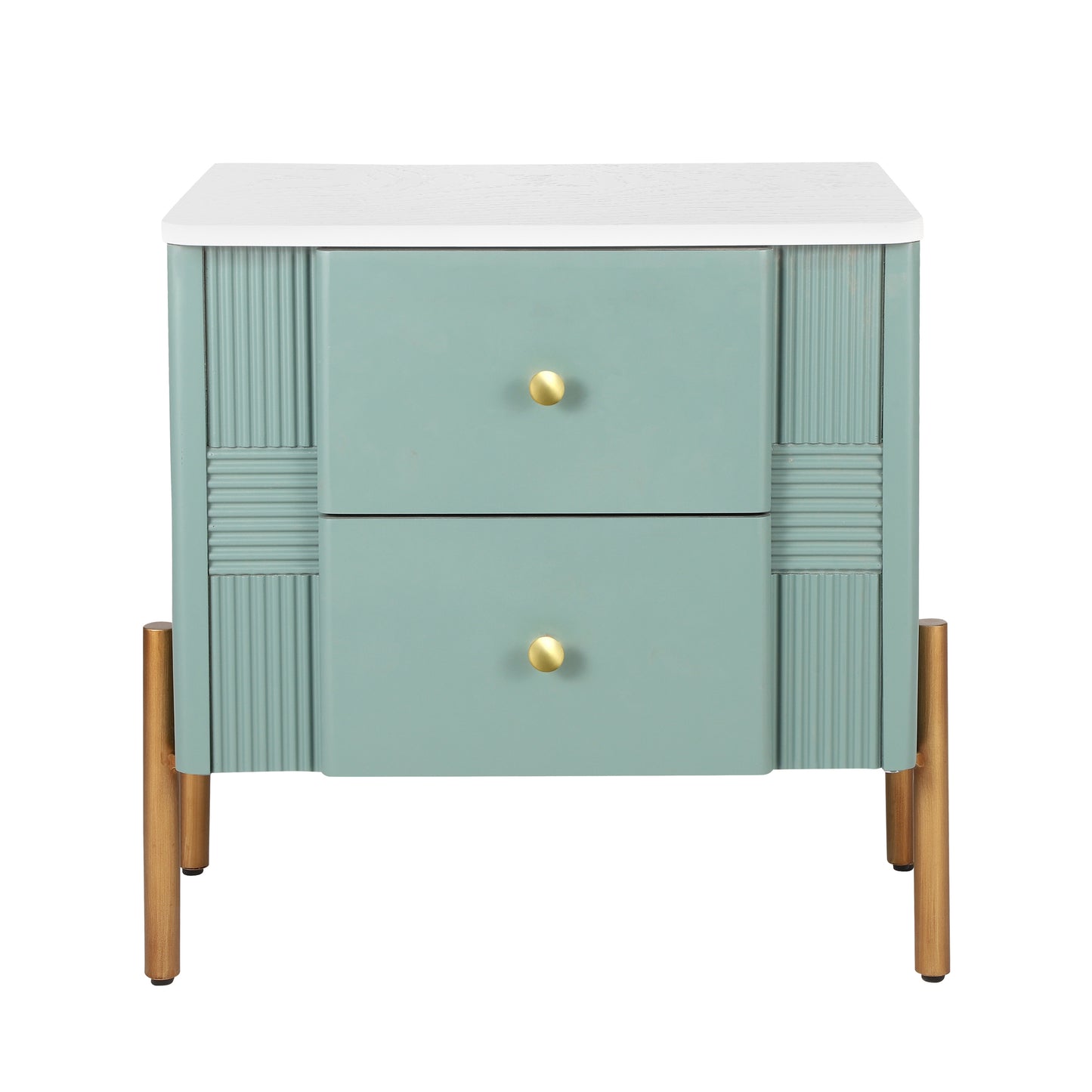 Modern Nightstand with 2 Storage Drawer, Fluted Bedside Table with Golden Metal Handles and Legs, End Table for Living Room and Bedroom, Easy Assembly, Green
