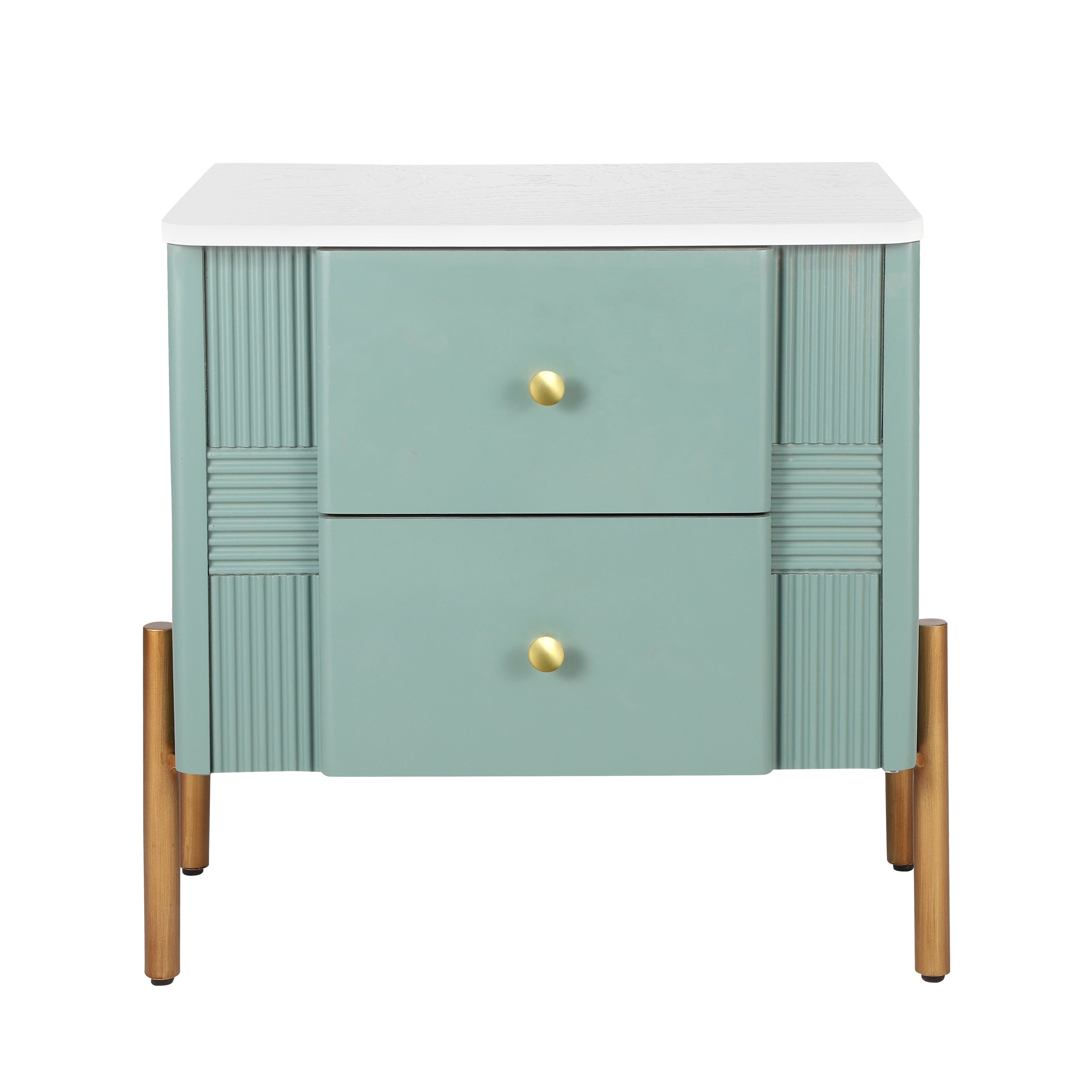 Modern Nightstand with 2 Storage Drawer, Fluted Bedside Table with Golden Metal Handles and Legs, End Table for Living Room and Bedroom, Easy Assembly, Green