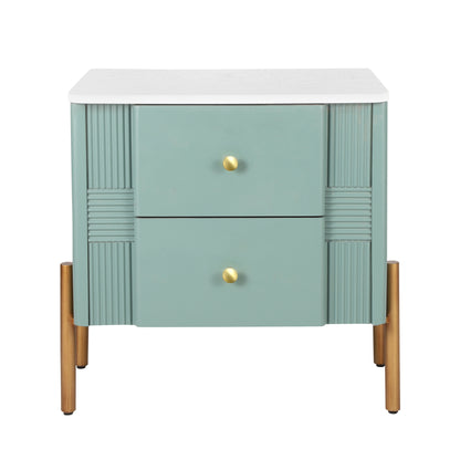 Modern Nightstand with 2 Storage Drawer, Fluted Bedside Table with Golden Metal Handles and Legs, End Table for Living Room and Bedroom, Easy Assembly, Green