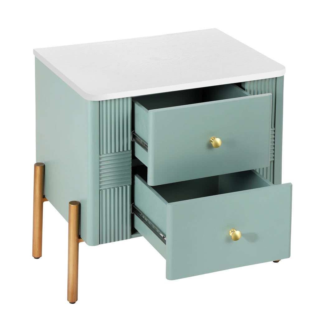 Modern Nightstand with 2 Storage Drawer, Fluted Bedside Table with Golden Metal Handles and Legs, End Table for Living Room and Bedroom, Easy Assembly, Green