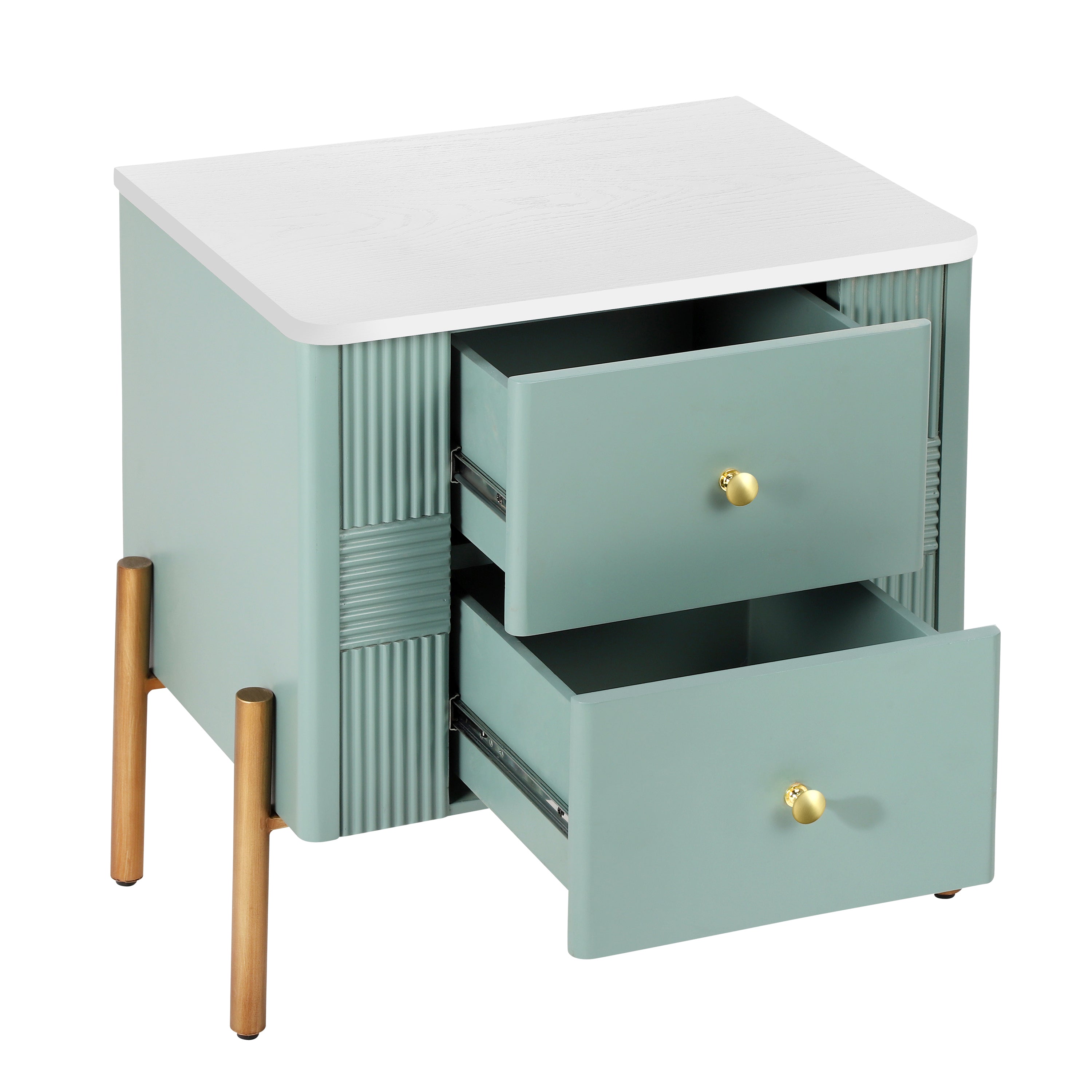 Modern Nightstand with 2 Storage Drawer, Fluted Bedside Table with Golden Metal Handles and Legs, End Table for Living Room and Bedroom, Easy Assembly, Green