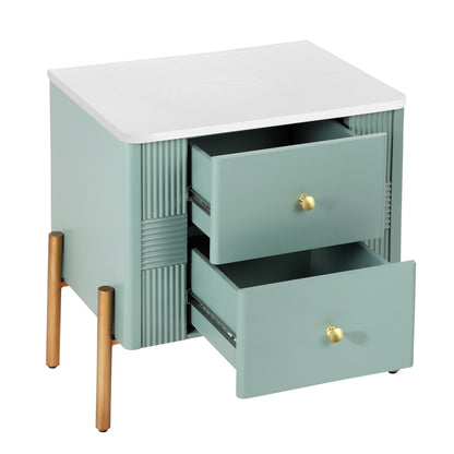 Modern Nightstand with 2 Storage Drawer, Fluted Bedside Table with Golden Metal Handles and Legs, End Table for Living Room and Bedroom, Easy Assembly, Green