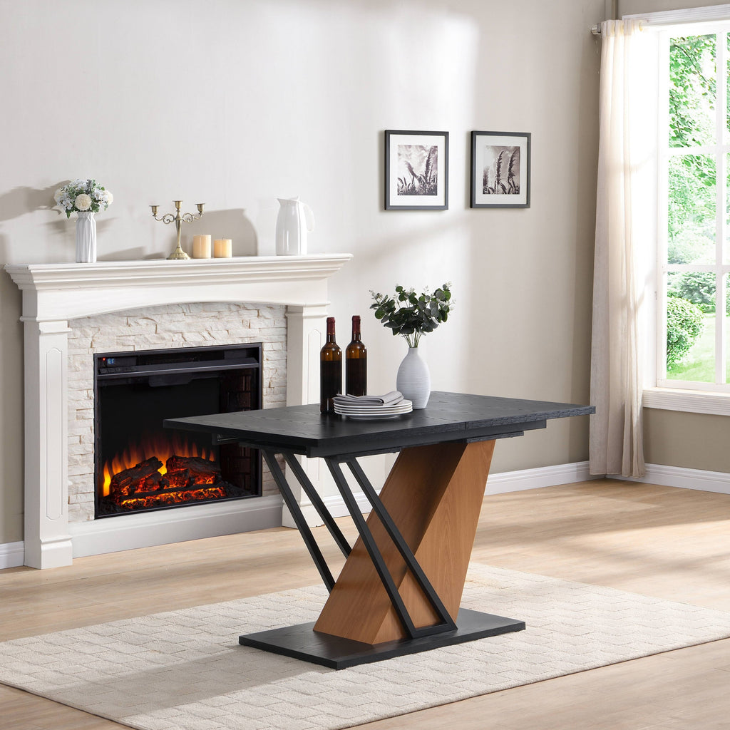 61.81(46.46) inch Extendable Dining Table, Modern Geometric Rectangular Table with Sturdy Metal Frame and MDF base, Adjustable Wooden Tabletop for Home Kitchen, Dining Room, and Office Spaces