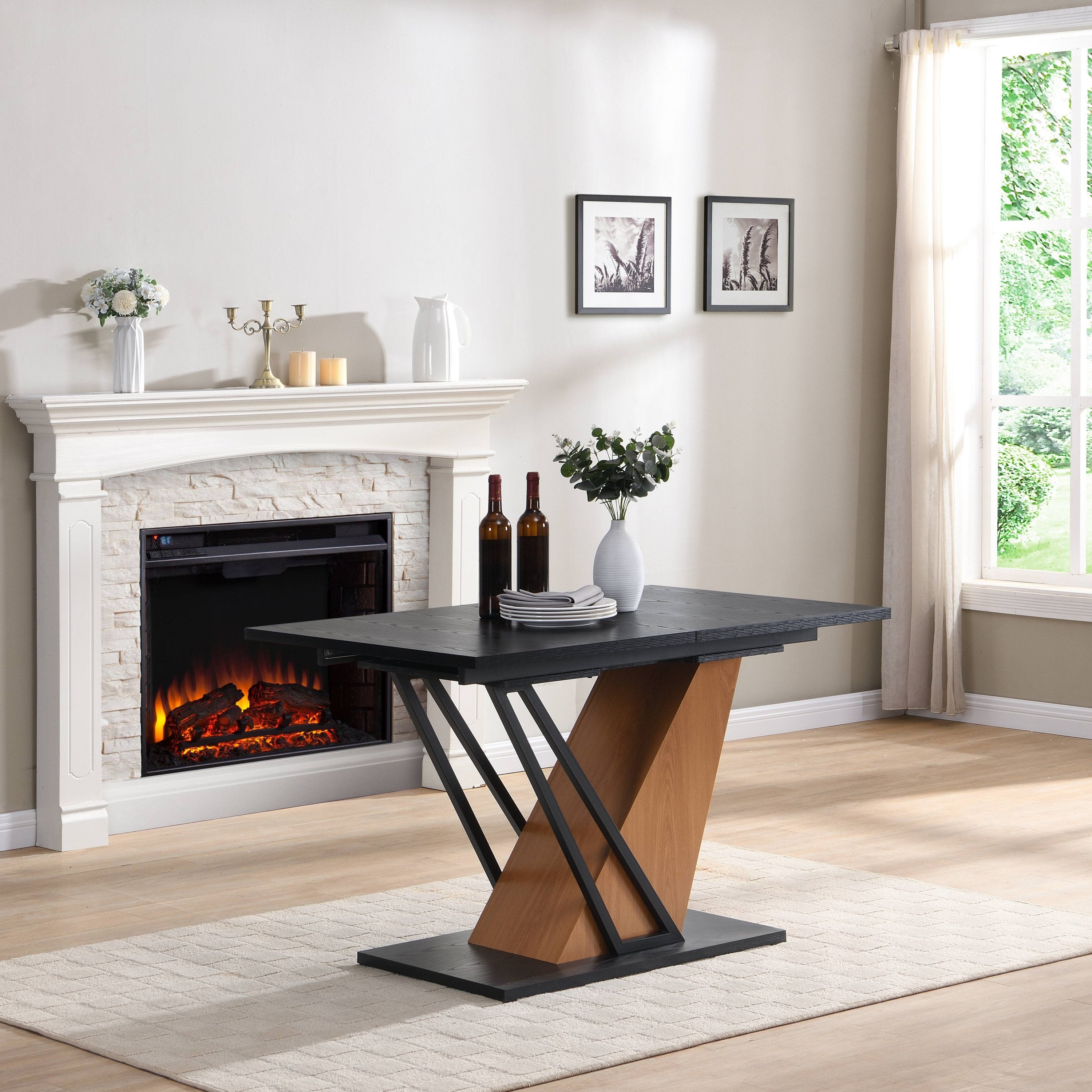 61.81(46.46) inch Extendable Dining Table, Modern Geometric Rectangular Table with Sturdy Metal Frame and MDF base, Adjustable Wooden Tabletop for Home Kitchen, Dining Room, and Office Spaces