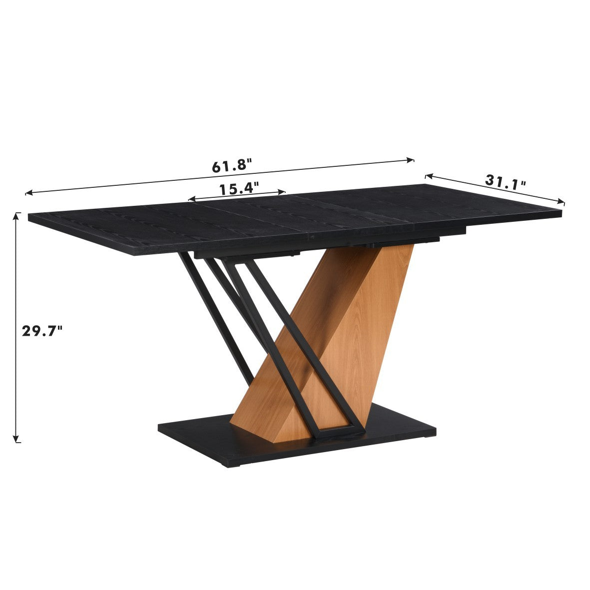 61.81(46.46) inch Extendable Dining Table, Modern Geometric Rectangular Table with Sturdy Metal Frame and MDF base, Adjustable Wooden Tabletop for Home Kitchen, Dining Room, and Office Spaces