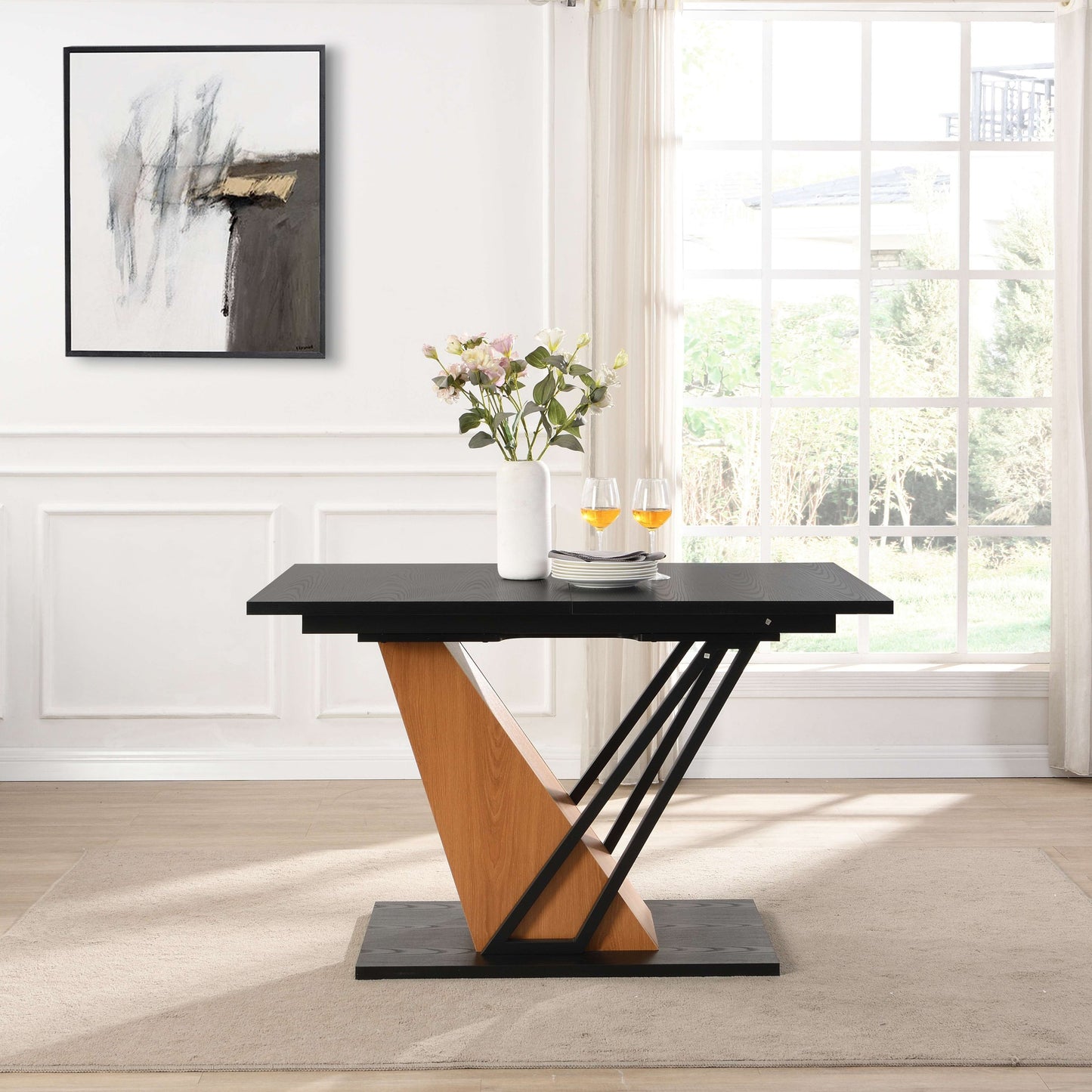 61.81(46.46) inch Extendable Dining Table, Modern Geometric Rectangular Table with Sturdy Metal Frame and MDF base, Adjustable Wooden Tabletop for Home Kitchen, Dining Room, and Office Spaces