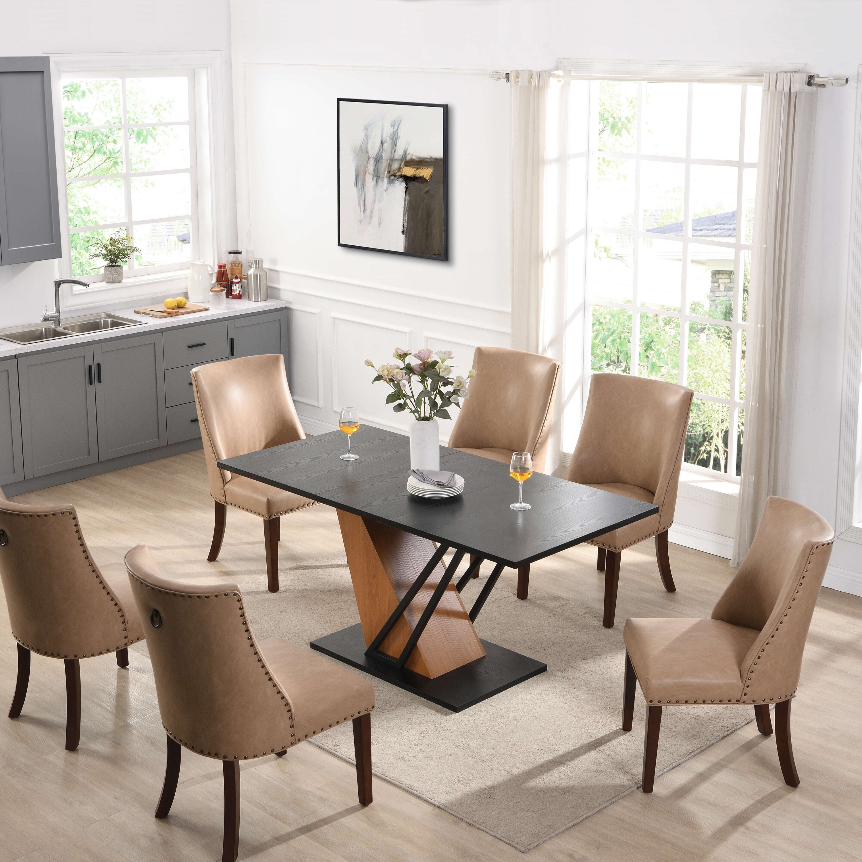 61.81(46.46) inch Extendable Dining Table, Modern Geometric Rectangular Table with Sturdy Metal Frame and MDF base, Adjustable Wooden Tabletop for Home Kitchen, Dining Room, and Office Spaces