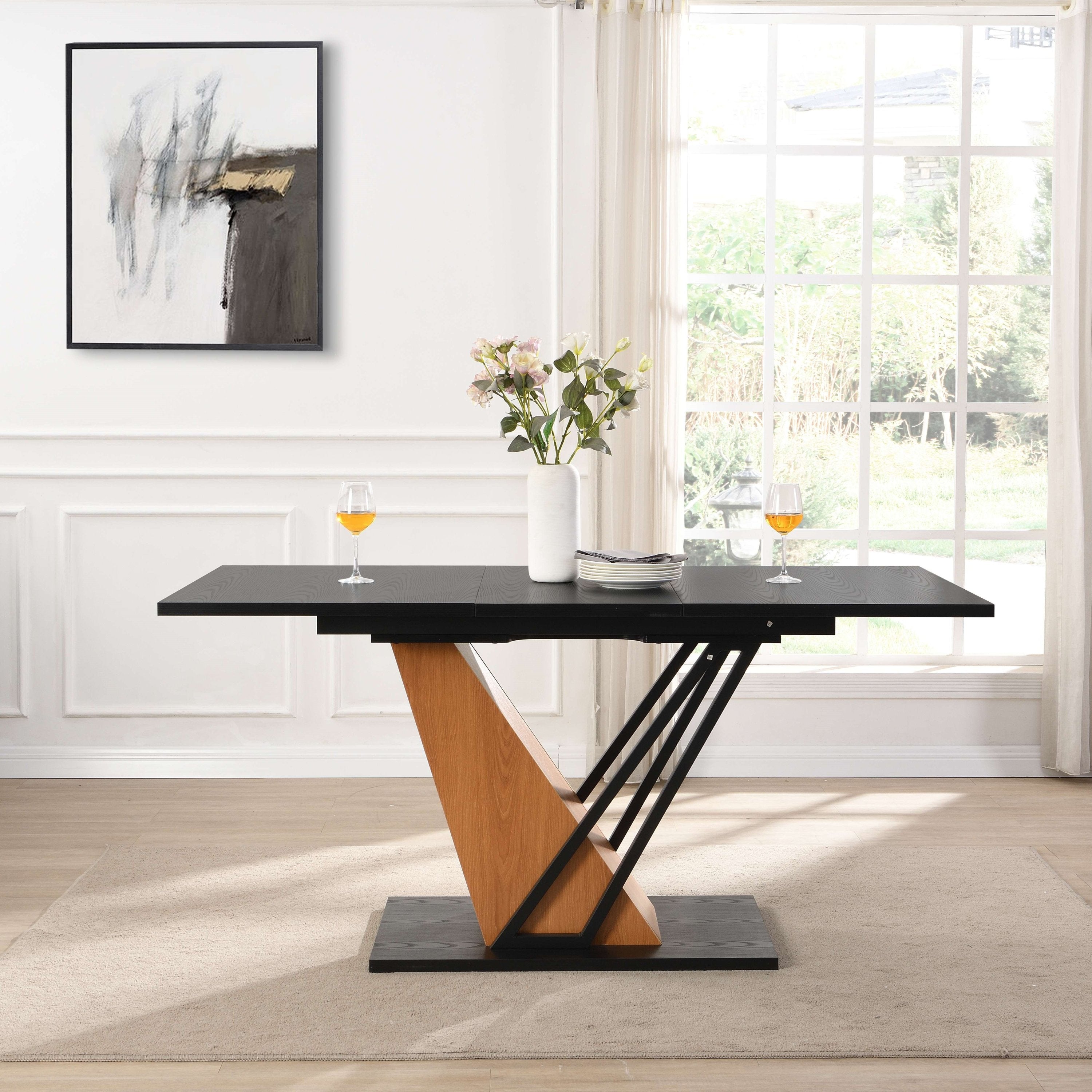 61.81(46.46) inch Extendable Dining Table, Modern Geometric Rectangular Table with Sturdy Metal Frame and MDF base, Adjustable Wooden Tabletop for Home Kitchen, Dining Room, and Office Spaces