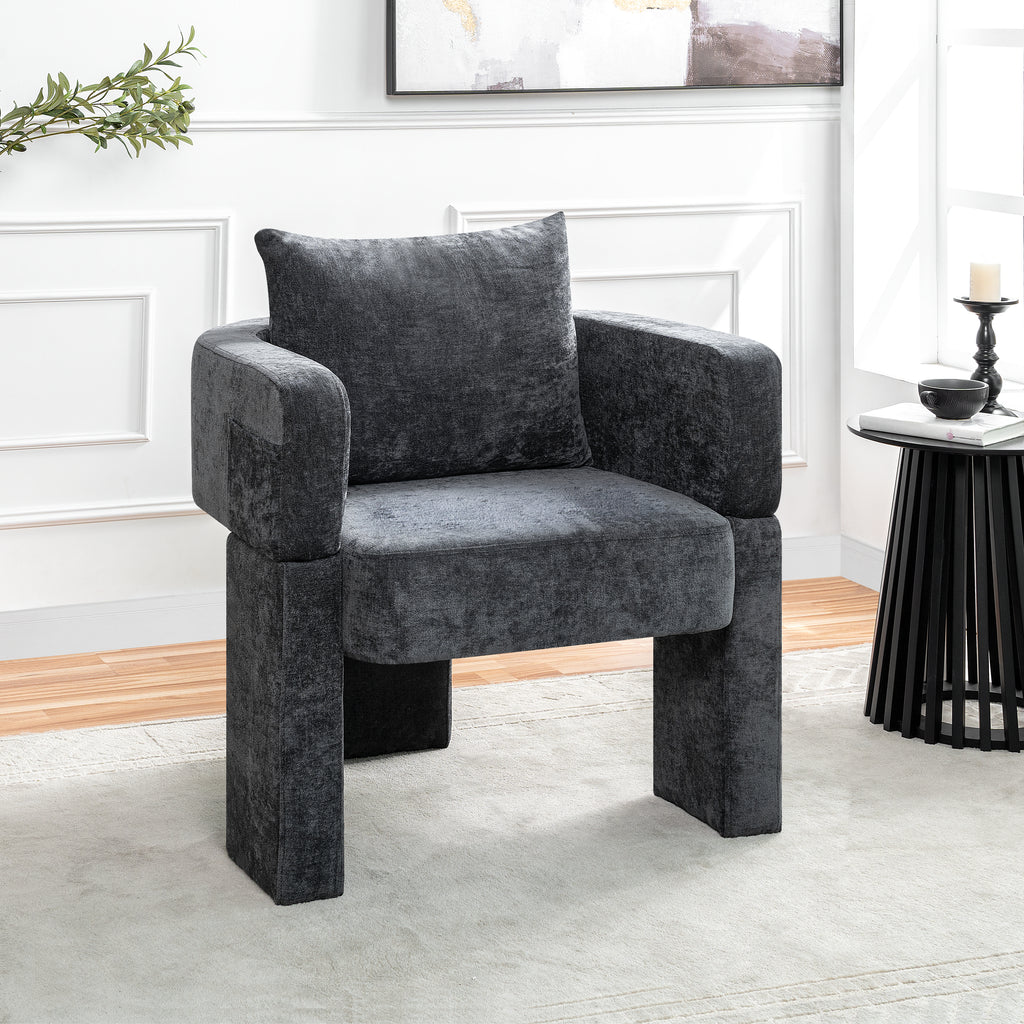 Modern 3-Leg Chenille Accent Chair with Ergonomic Arms & Removable Pillow, Plush Small Space Armchair, Single Sofa Chair for Living Room, Bedroom, Dining Room and Office, Gray