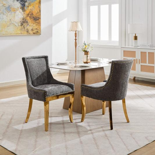 Chenille Dining Chairs, Modern Style with Curved Gold - Plated Legs & Rivet Trim, Upholstered Comfort for Dining/Lounge, Accent Seating with Textured Fabric & One - Piece Structure, Gray,Set of 2