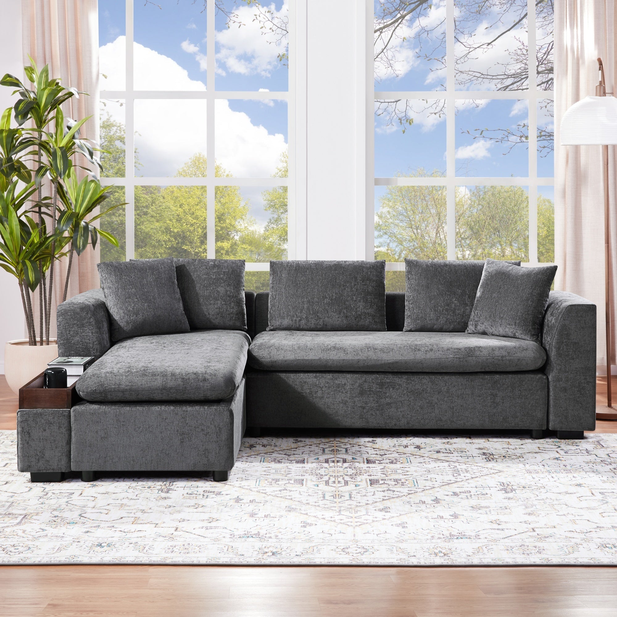 Modern L-Shaped Sectional Sofa with Storage in Gray Chenille, 93.7' Upholstered Couch