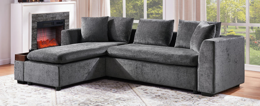 Modern L-Shaped Sectional Sofa with Storage in Gray Chenille, 93.7' Upholstered Couch